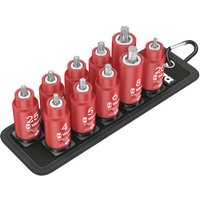 Red Wera Belt B VDE 1 Zyklop 3/8" insulated socket bit set with TORX/Hex-Plus heads on black holder with carabiner.