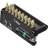 Wera Bit-Check 10 PZ BiTorsion set with black case, gold-tipped bits, and labeled slots for organized storage.