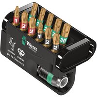 Black Wera Bit Check set with 12 gold-tipped bits, color-coded bands, and compact black holder with logo.
