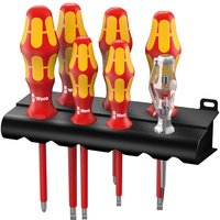 Red and yellow Wera insulated screwdriver set with ergonomic handles, mounted on a black rack.