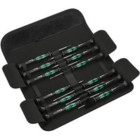 Black Wera K'Form Kompakt Micro 12-piece screwdriver set with green accents in a black folding case.