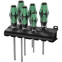 Wera Kraftform screwdriver set with green and black handles, includes six pieces and a black wall-mountable rack.