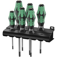 Wera Kraftform 6-piece TORX BO screwdriver set with green and black handles in a black rack.