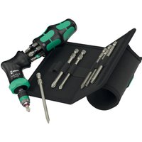 Wera Kraftform Kompakt 13-piece set with black and green pistol grip handle, ratchet screwdriver, and bits in a black case.