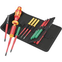 Wera Kraftform 15-piece VDE insulated torque screwdriver set with red and yellow handles in a black folding case.
