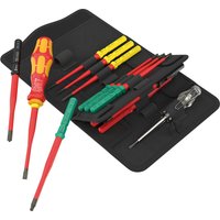 Wera Kraftform 16-piece VDE insulated screwdriver set with red and yellow handles in a black folding case.