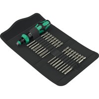 Wera Kraftform Kompakt 17-piece set with green and black ratchet screwdriver, multiple bits in a black folding case.