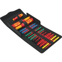 Wera Kraftform 23-piece VDE insulated screwdriver set with red and yellow handles in a black folding case.