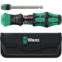 Wera ratchet screwdriver set with green and black handle, six bits, extension bar, and black pouch.