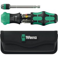 Wera Kraftform Kompakt set with green and black ratchet screwdriver, interchangeable bits, extension, and black pouch.