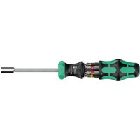 Wera Kraftform Kompakt 6-piece ratchet screwdriver set with green and black ergonomic handle and interchangeable bits.