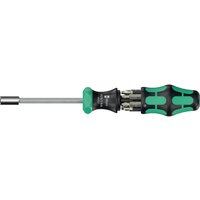 Wera Kraftform Kompakt 6-piece ratchet screwdriver set with black and green ergonomic handle and interchangeable bits.