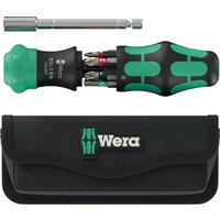 Wera Kraftform 6-piece ratchet screwdriver set with green-black handle, interchangeable bits, and black pouch.