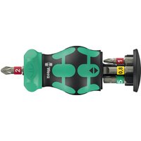 Black and green Wera stubby ratchet screwdriver with interchangeable bits stored in handle, compact design.