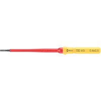 Wera Kraftform Kompakt 60 I VDE insulated slotted screwdriver blade, yellow handle, red shaft, black tip.
