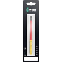 Red and yellow Wera slotted screwdriver blade in black packaging with transparent window and Wera branding.