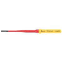 Wera Kraftform Kompakt 60Is VDE insulated slotted screwdriver blade, red shaft, yellow handle with black text.