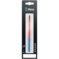 Red and blue insulated hexagon screwdriver blade in black packaging with Wera logo and star ratings.