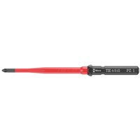 Red and black insulated slim Pozi screwdriver blade with ergonomic handle, marked "Wera" and "PZ 1".