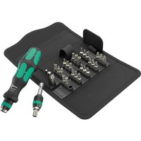 Wera Kraftform Kompakt 71 set with green-handled screwdriver, 32 bits, and black folding case.