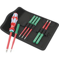 Wera Kraftform 8-piece VDE screwdriver set with red handles, green accents, and slim stainless steel blades in a black case.