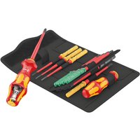 Wera Kraftform Kompakt Turbo 16-piece VDE insulated screwdriver set with red and yellow handles in a black roll-up pouch.