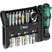 Wera Tool Check set with black case, green-accented handle, bits, and hexagon sockets labeled by size.
