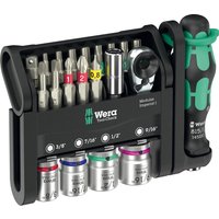 Wera Tool Check 21-piece set with screwdriver, 1/4" drive sockets, and bits in a compact black modular case.