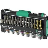 Wera Tool Check set with 38-piece 1/4" drive hex sockets and screwdriver bits in a compact black and green case.