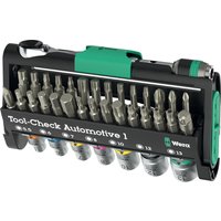 Wera Tool Check 38-piece set with hexagon sockets, screwdriver bits, and ratchet in a compact black and green case.