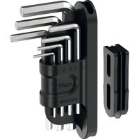 Black Wera 7-piece hex key set with modular holder, featuring silver L-shaped hex keys in various sizes.