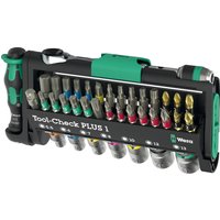 Wera Tool Check Plus set with green-handled screwdriver, assorted bits, and hexagon sockets in compact black case.
