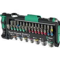 Wera Tool Check Plus 2 set with green handle, 39-piece screwdriver bits, and 1/4" drive hexagon sockets in compact case.