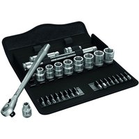 Wera Zyklop 8100 Sb11 set with silver ratchet, sockets, and bits in a black case, 29 pieces total.