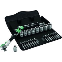 Wera Zyklop 29-piece ratchet set with green handle, imperial sockets, and bits in black case.