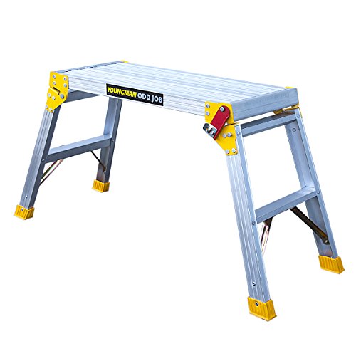 Aluminum multi-purpose work platform with a silver finish, featuring yellow rubber feet, a sturdy design, and adjustable legs for stability.