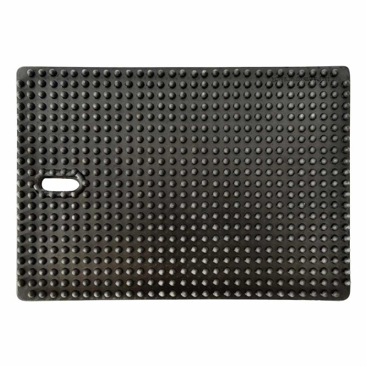 Black rubber anti-slip ladder mat featuring a textured surface with raised dots for grip, designed to enhance stability and safety when using ladders.