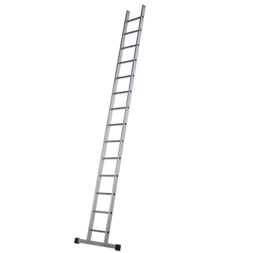 Aluminium single ladder measuring 4.18m, featuring a silver finish, multiple rungs, and a sturdy base for stability.