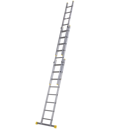 Silver aluminum triple extension ladder with square rungs, measuring 2.45m, featuring yellow rubber feet for stability and adjustable height sections.
