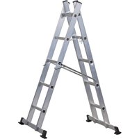 Silver Werner 5-in-1 combination ladder with platform, featuring multiple configurations and sturdy black feet.
