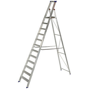 Aluminum platform stepladder with 12 treads, featuring a sturdy A-frame design, rubber feet for stability, and a top platform for added safety.