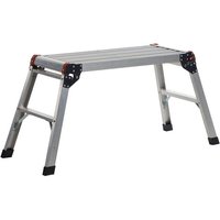 Compact aluminium work platform with silver slatted top, foldable legs, and black non-slip feet.
