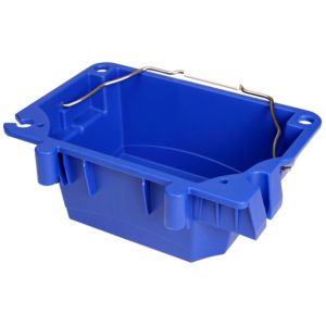 Blue plastic utility storage bucket with a sturdy design, featuring metal hooks for secure attachment to the Werner AdjustaStep PRO fibreglass step ladder.