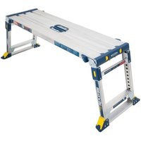Adjustable Werner PRO work platform, silver with blue accents, foldable legs, and yellow safety tips.