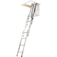 Werner Easystow Loft Ladder, aluminum, three-section, sliding design, attached to ceiling hatch, non-slip steps.
