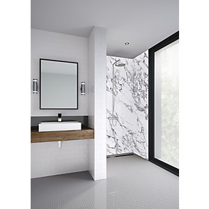 Post-formed shower wall panel in a marble-like design, featuring a white and gray color scheme, with a smooth surface and sleek edges, ideal for modern bathrooms.
