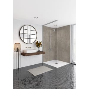 Gold stone wall panel in a sleek bathroom setting, featuring a tongue and groove design, complemented by modern fixtures and a stylish round mirror.