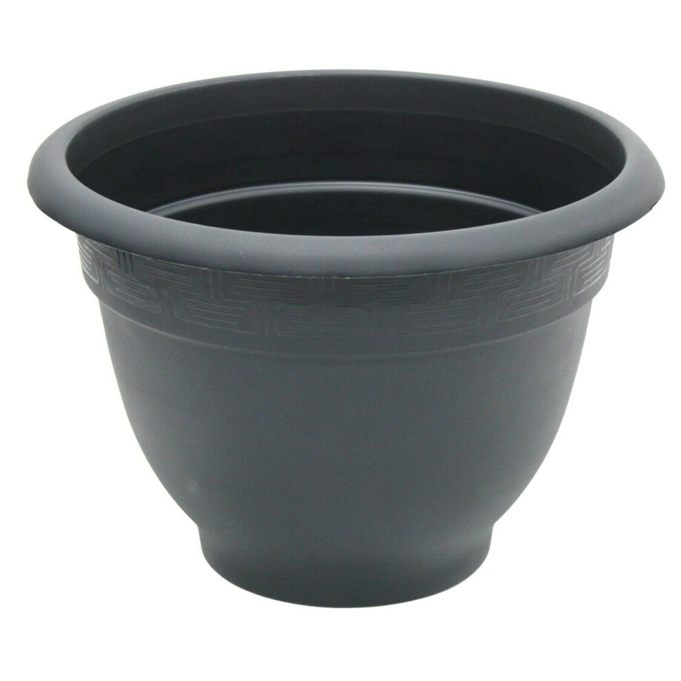 Large slate grey plastic bellpot planter, 44cm in diameter, featuring a rippled texture and a smooth rim, with a capacity of 28 liters.