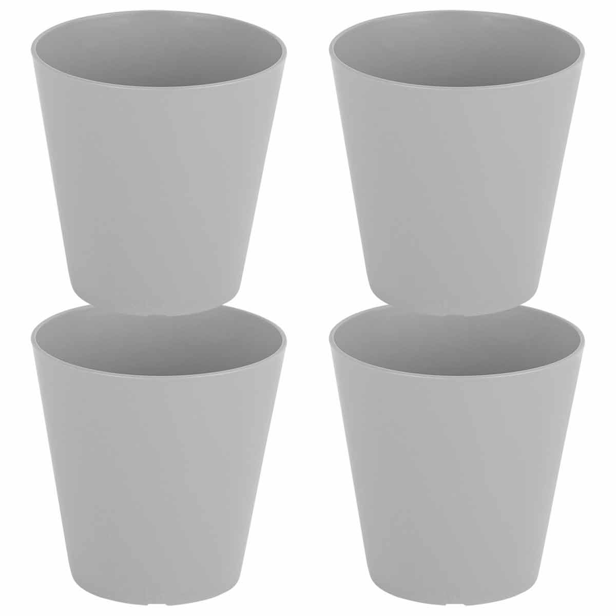 Set of four 14cm round grey planters made from durable plastic, featuring a smooth finish and tapered design for modern decor.