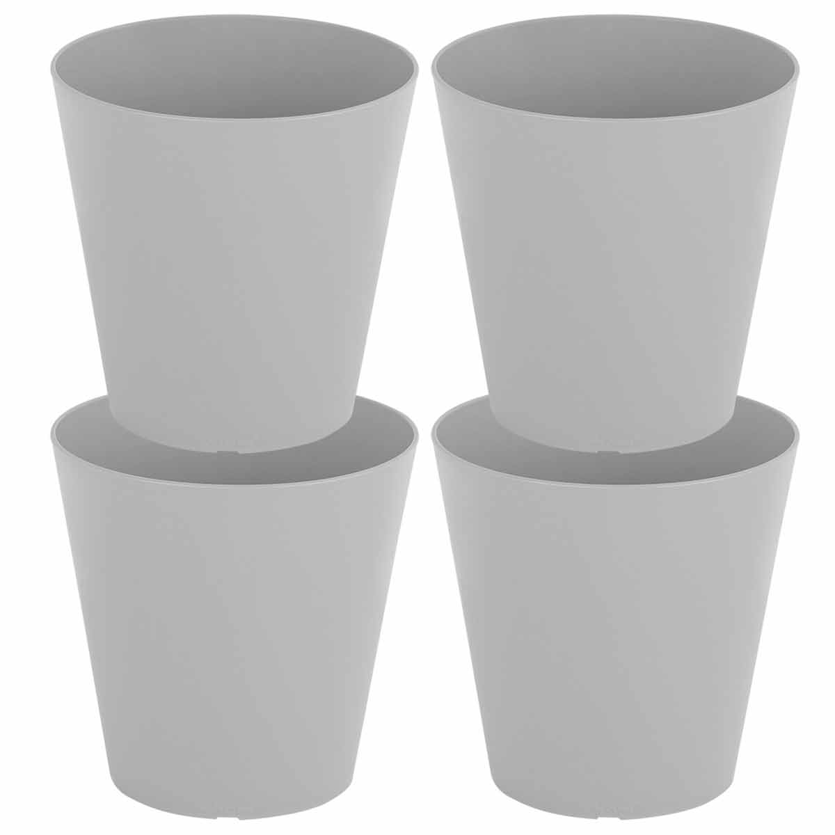 Set of four 18cm round planters in a sleek grey color, made from durable plastic with a smooth finish, ideal for indoor or outdoor use.